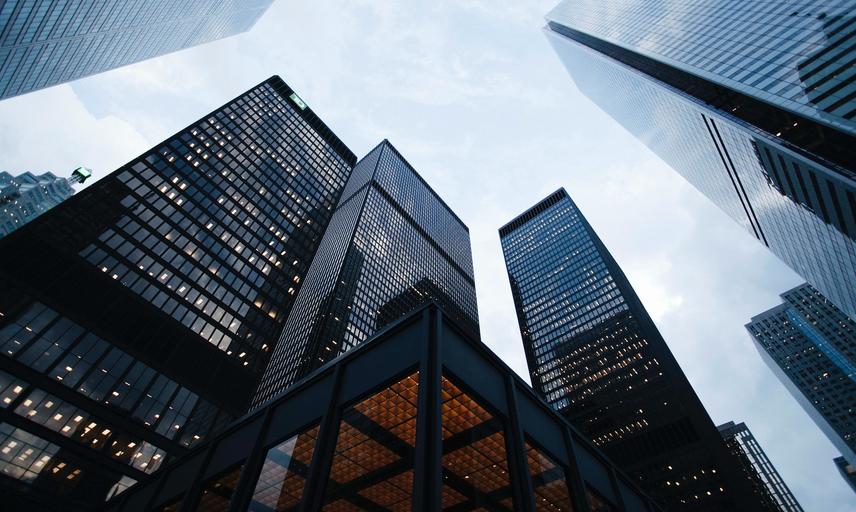 High rise city buildings seen from the ground